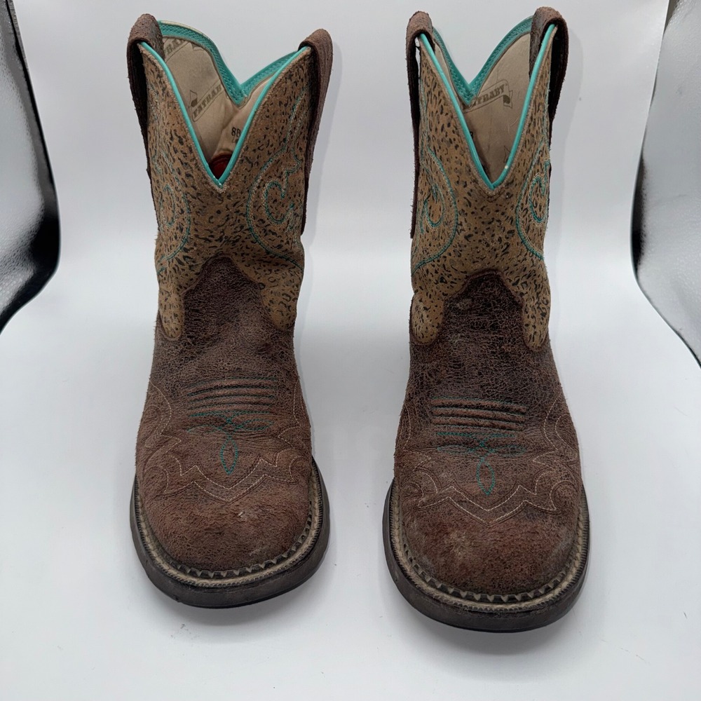 Ariat Fatbaby Brown Leather Leopard Print Western Boots Turquoise Women's 8B - Picture 3 of 11